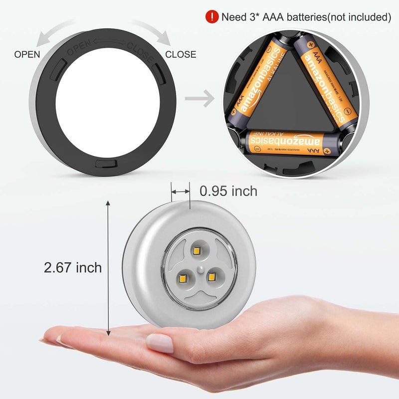Mini Touch Light, 6 Pack Wireless Under Cabinet Lights Round Tap Push on Light Battery Operated Puck Lights Stick On Light for Closet Counter Kitchen Cabinet RV Indoor Outdoor Press Light - Image 4